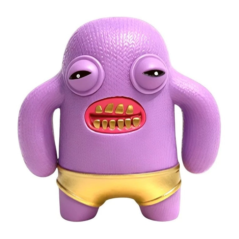 Purple plush-style collectible figure with red open mouth, purple eyes, and gold belt