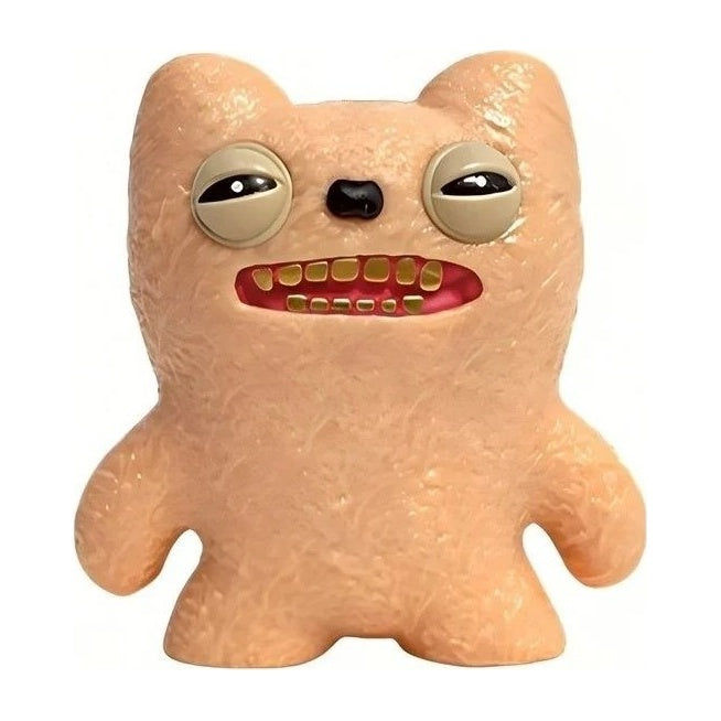 Tan plush-style collectible figure with big gray eyes and red mouth with sharp teeth