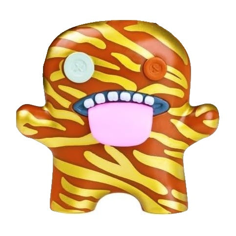 Flame-pattern orange collectible figure with gold details, pink tongue, and toothy grin