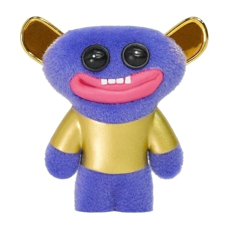 Blue plush monster figure with gold shirt, big black eyes, and pink open mouth