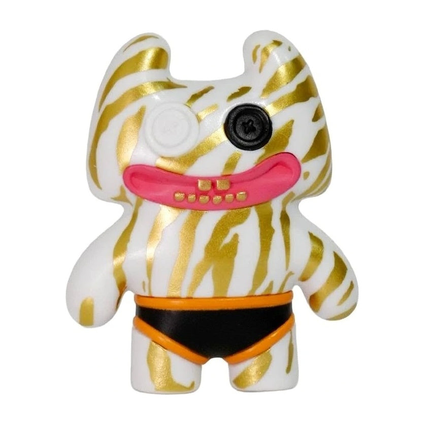 White zebra-print plush-style collectible figure with pink mouth and orange-and-black shorts
