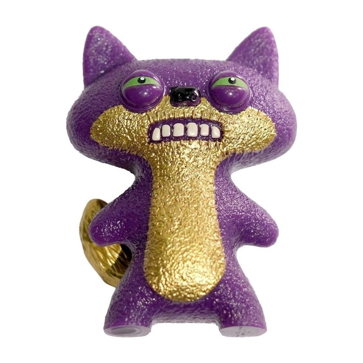 Purple and gold collectible toy figure with big teeth and green eyes