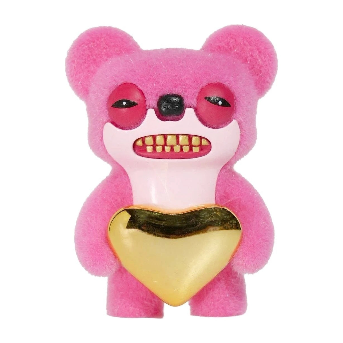 Pink plush monster figure with red eyes, black nose, and gold heart belly
