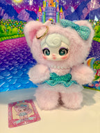 Pink plush cat keychain with turquoise bow and pearl necklace, gold keyring