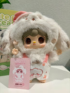 Sleeping puppy plush, white fuzzy hood with sleepy wink face and small paws