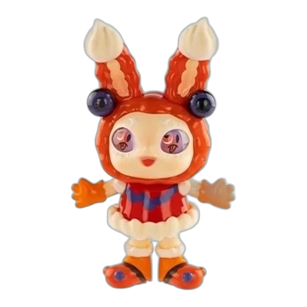Cartoon bunny figurine with red outfit, blue shoes, and orange ears