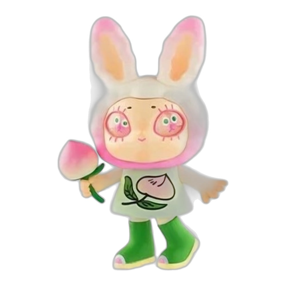 Cartoon bunny figurine in white-green dress with pink cheeks and green shoes