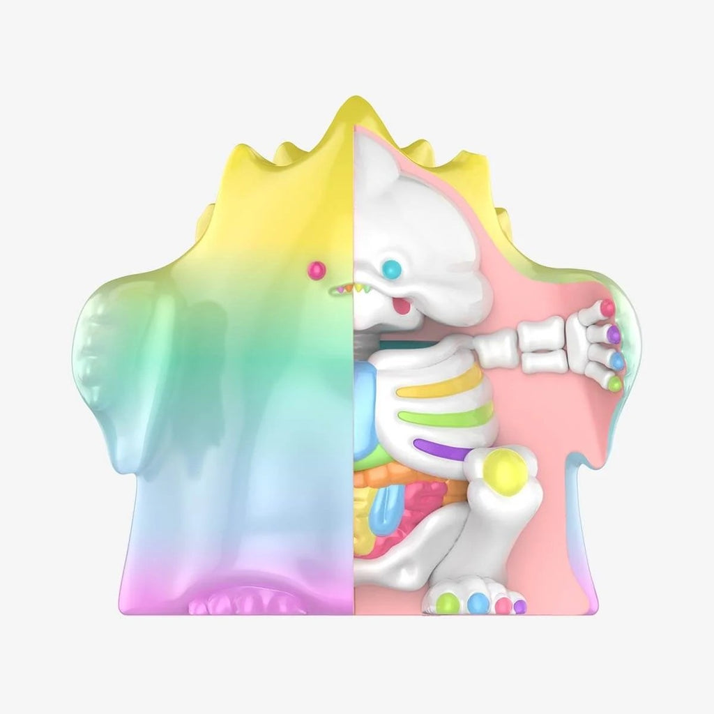 POPMART YUKI 400% figure front view with rainbow gradient hood, white cat face detail