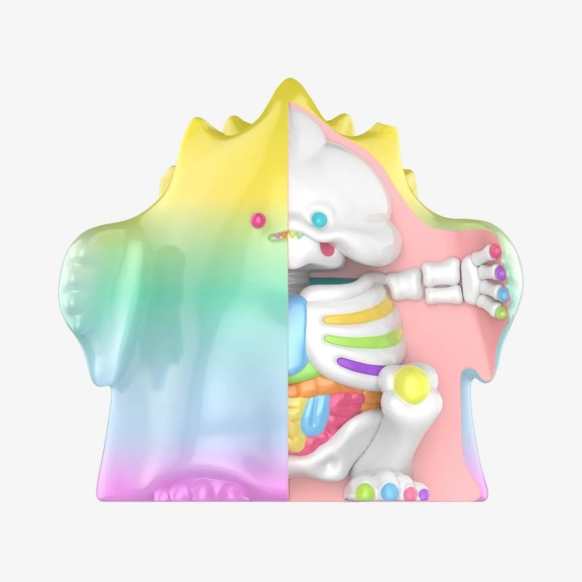POPMART YUKI 400% figure front view with rainbow gradient hood, white cat face detail