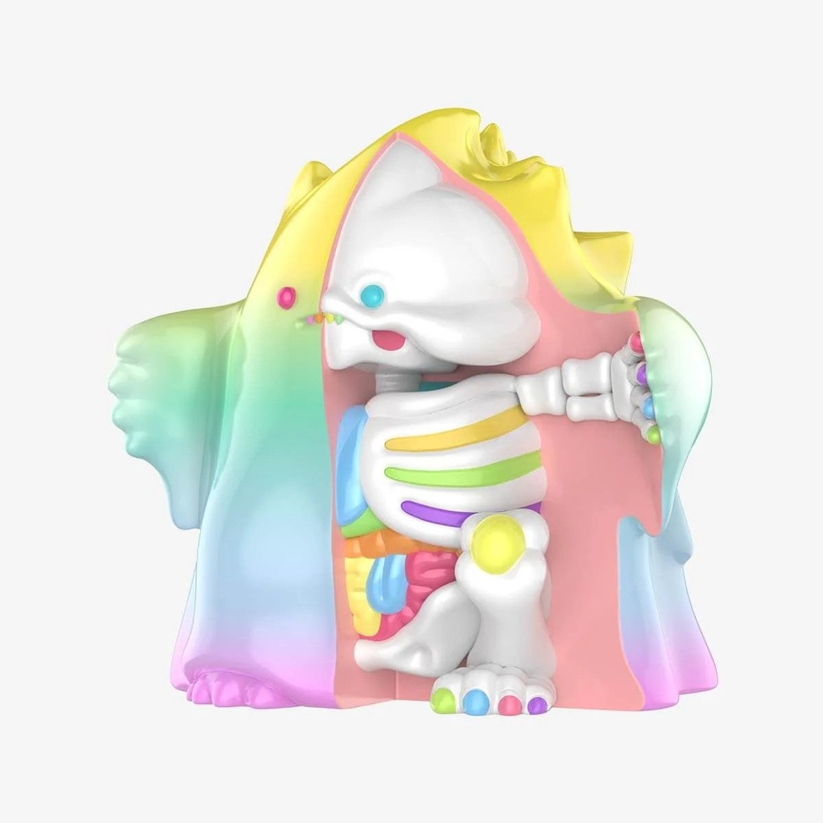 POPMART YUKI 400% figure front view with rainbow hood and exposed skeleton ribs