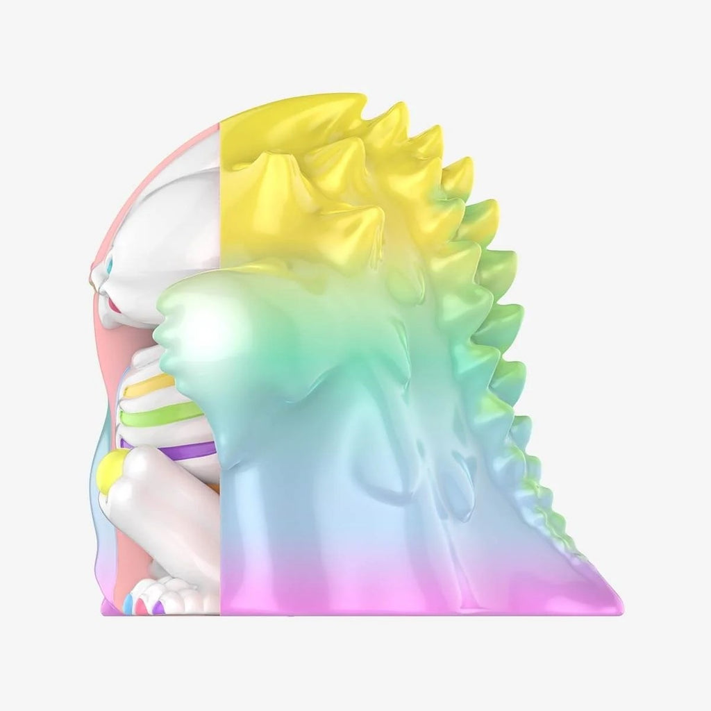 POPMART YUKI 400% figure side view with rainbow gradient hood and white cat face profile