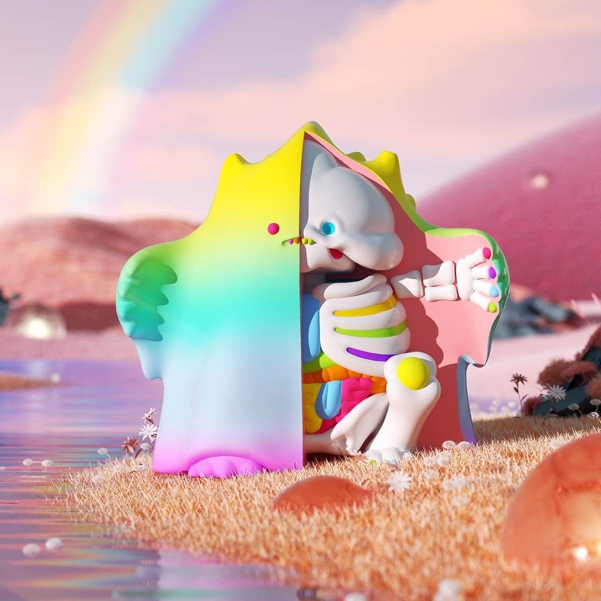 POPMART YUKI 400% figure with rainbow gradient hood, white cat face, exposed anatomy