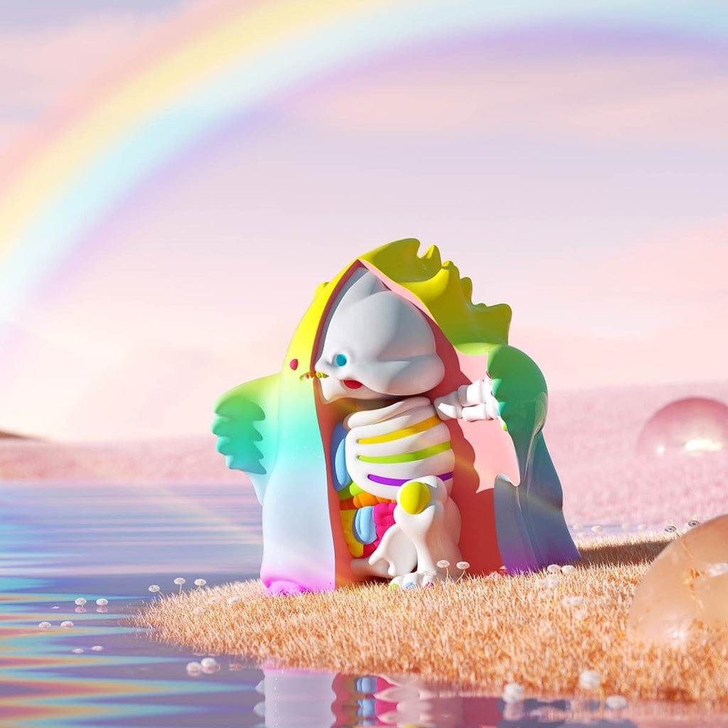 POPMART YUKI 400% collectible figure with rainbow hood, white cat head and exposed torso