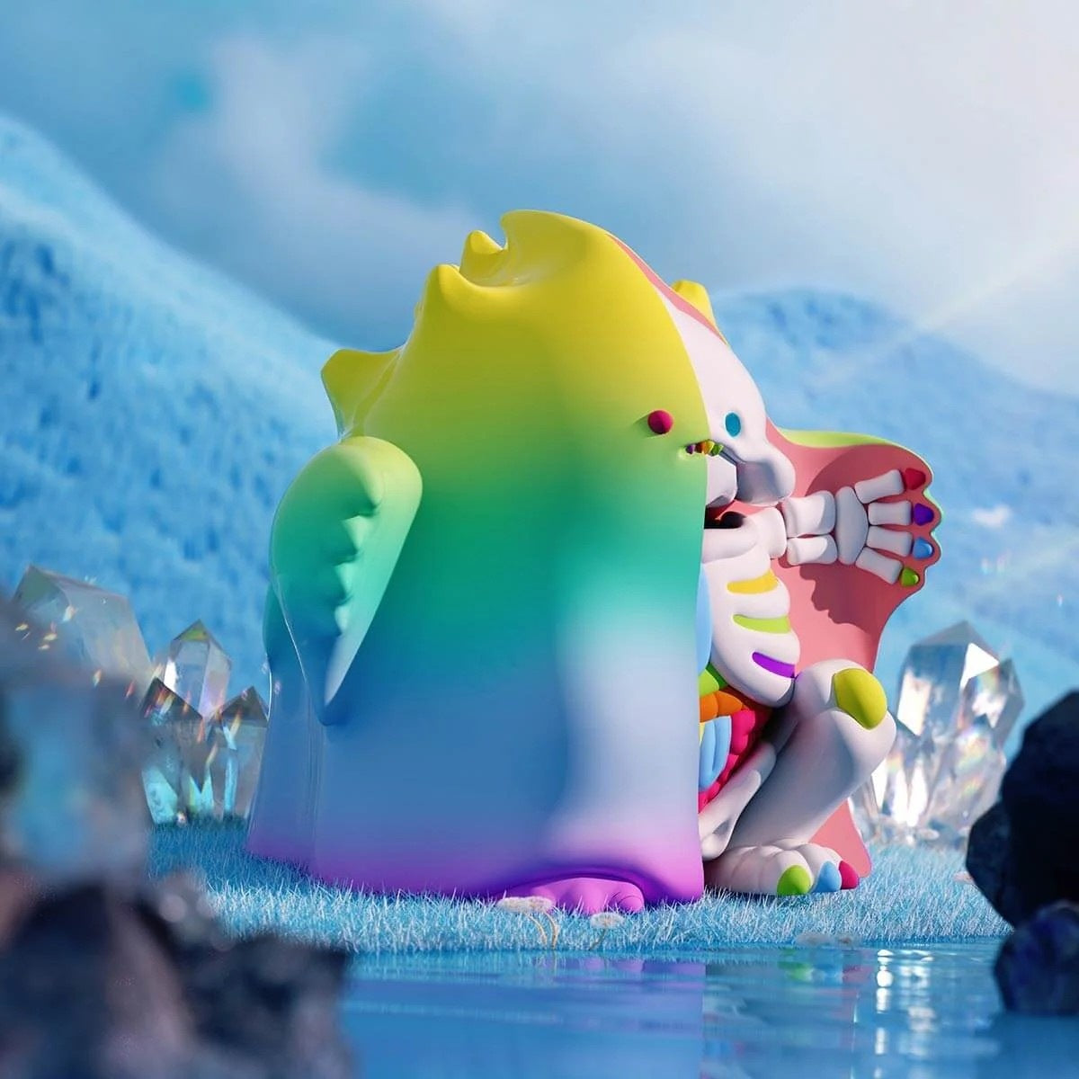 POPMART YUKI 400% figure with rainbow gradient hood in side pose, exposed anatomy detail