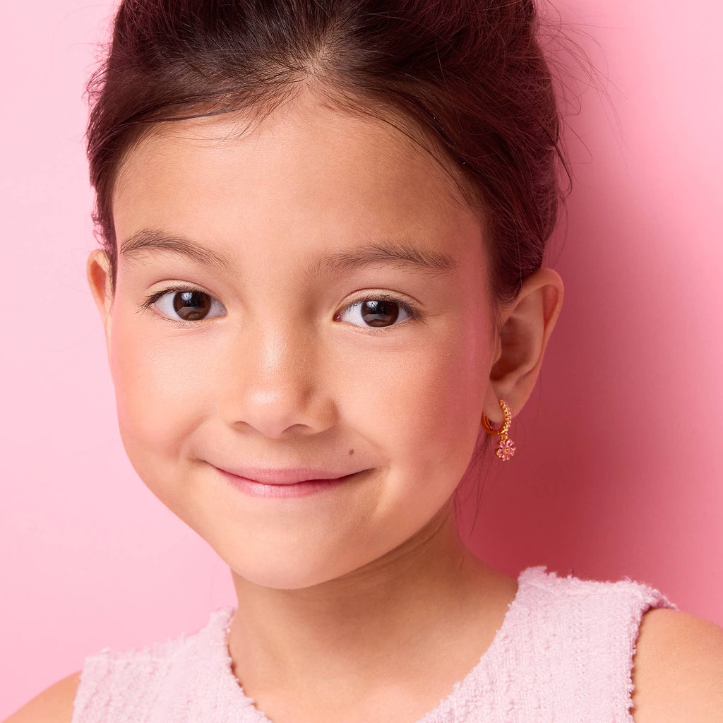 Pink Flower 18K Gold Plated Huggie Earrings for Kids