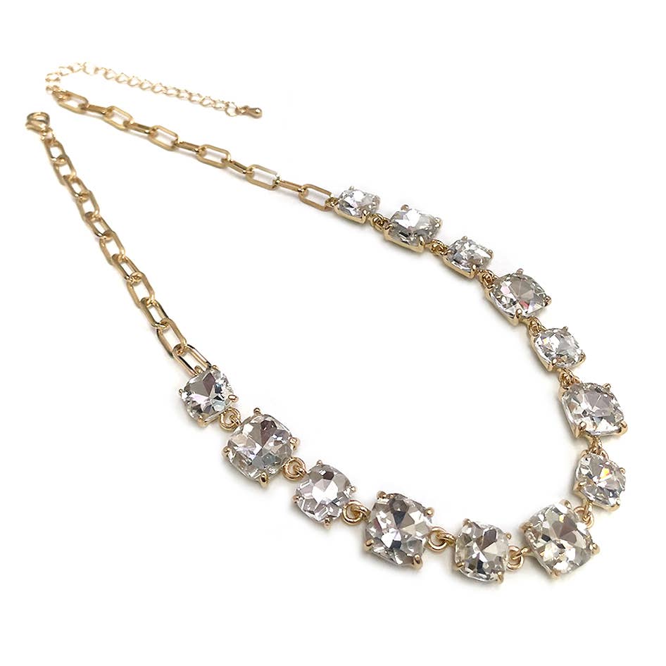 Cushion Cut Square Glass Crystal Linked Chain Necklace