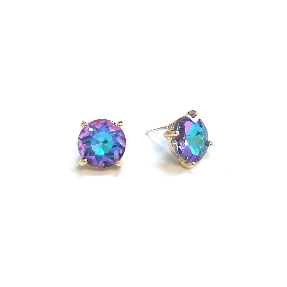 Sterling silver post round glass stud earrings with purple AB gemstone-style center
