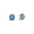 Sterling silver post round glass stud earrings with purple AB gemstone-style center