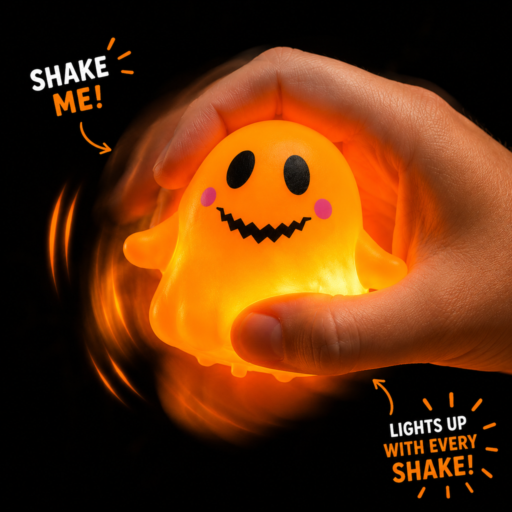 Orange light-up squishy ghost with smiling face, glow effect in close view