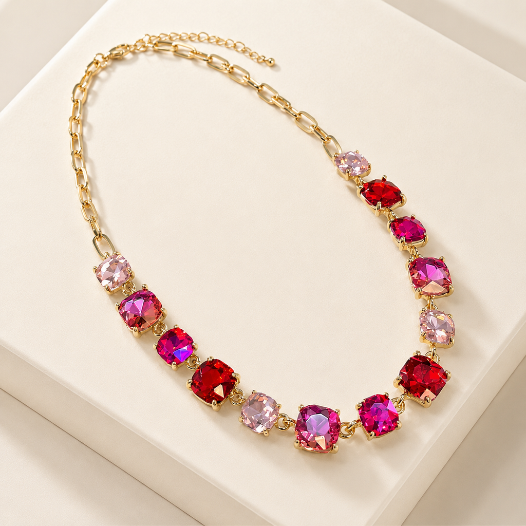 Cushion Cut Square Glass Crystal Linked Chain Necklace