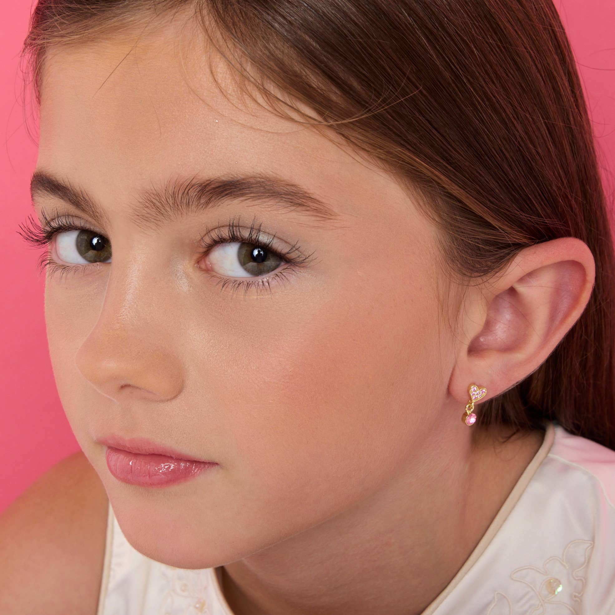 Pink Cubic Zirconia Heart Little Luxe Drop Earrings for Kids