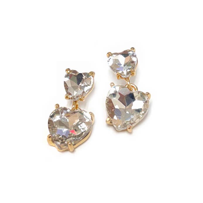 Double Glass Crystal Bead Heart Dangle Earrings