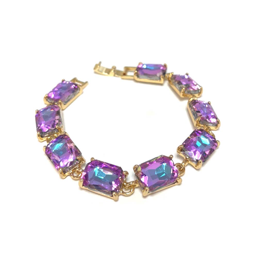 Gold-tone linked bracelet with emerald-cut purple crystal stones