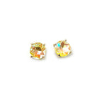 Round glass stud earrings with multicolor rainbow AB stone and gold-tone S925 posts