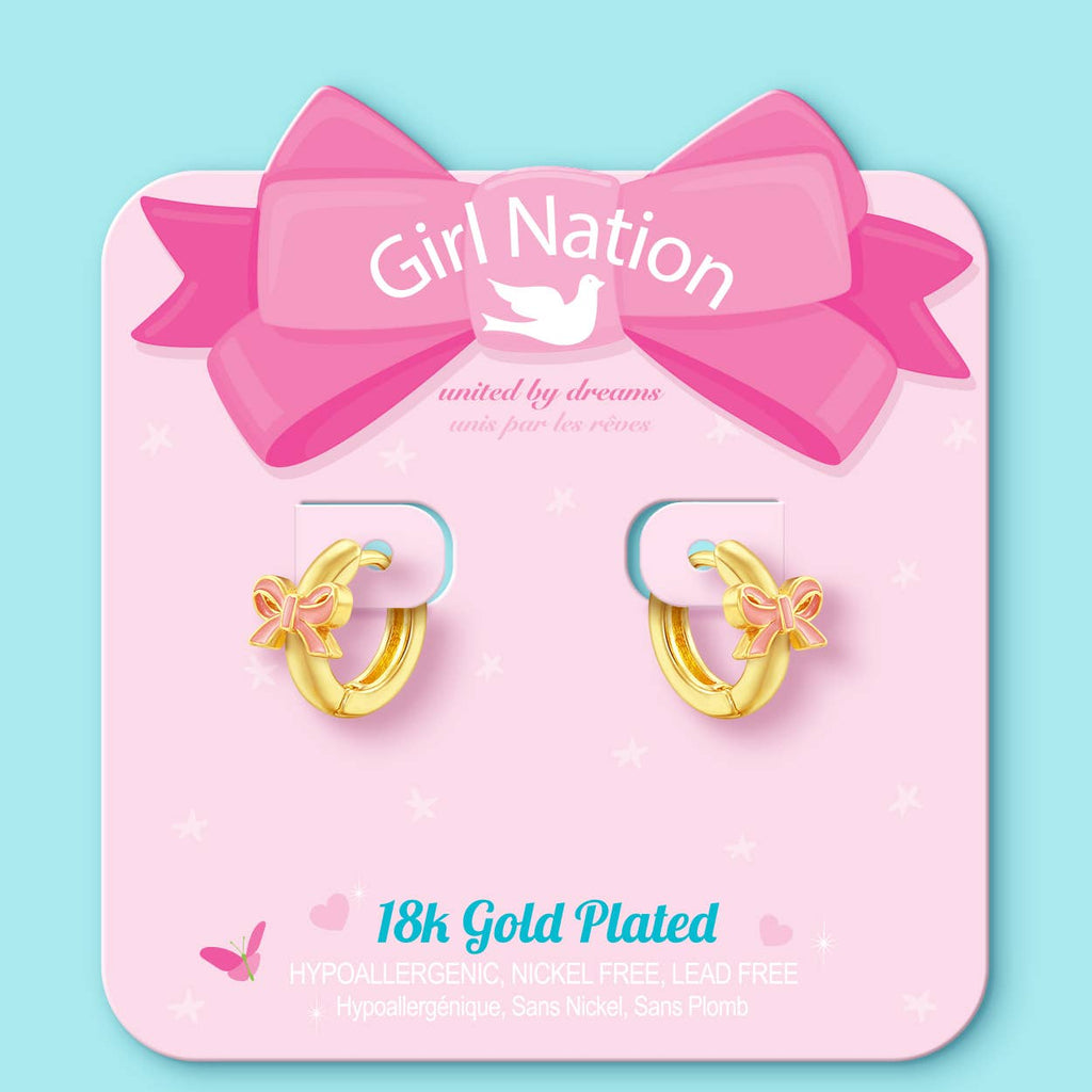 Pink Bow 18K Gold Plated Huggie Earrings for Kids