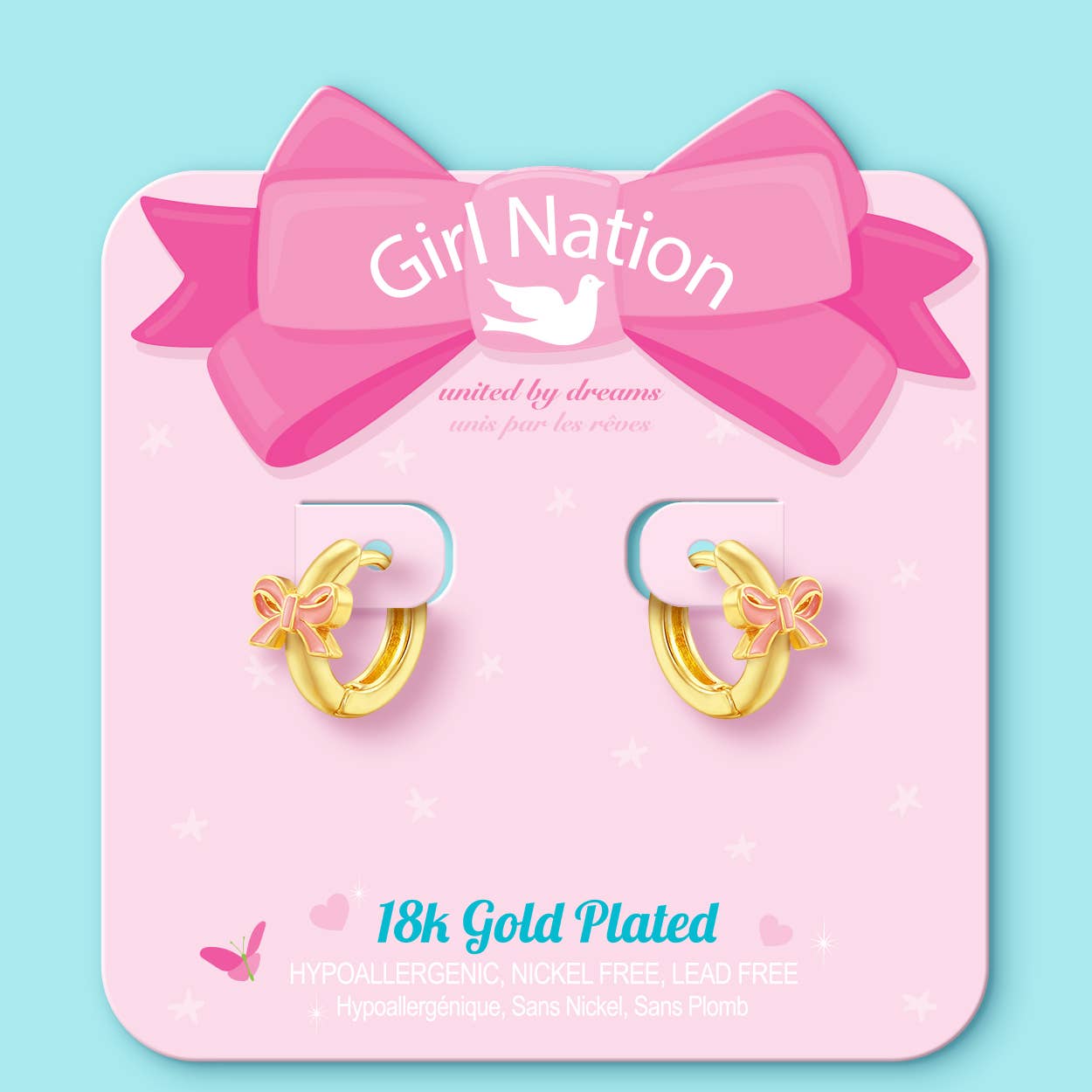 Pink Bow 18K Gold Plated Huggie Earrings for Kids