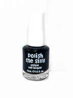 Black nail lacquer bottle with white cap labeled polish me silly, 15 mL