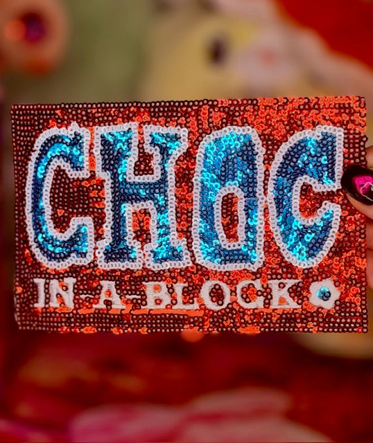 Orange sequin iron-on patch with large CHOC letters and BLOCK text