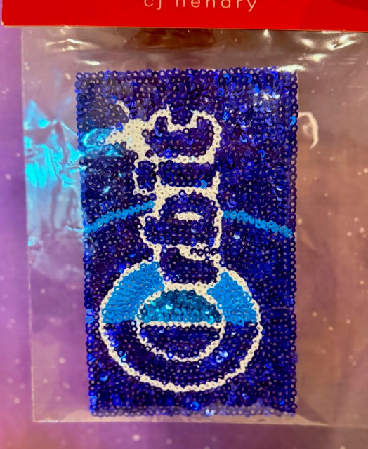 Blue sequin iron-on patch with white number graphic and outlined edges