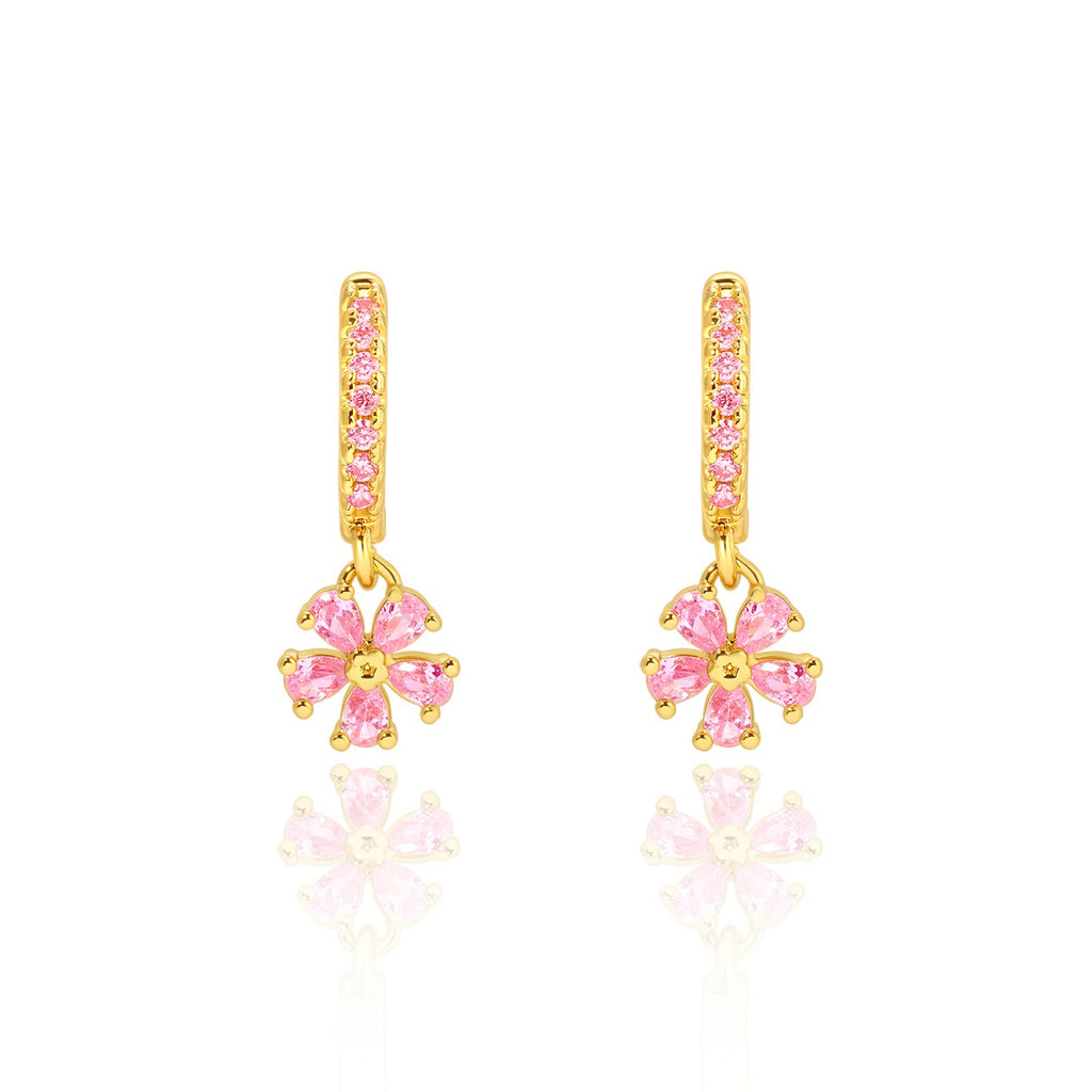 Pink Flower 18K Gold Plated Huggie Earrings for Kids