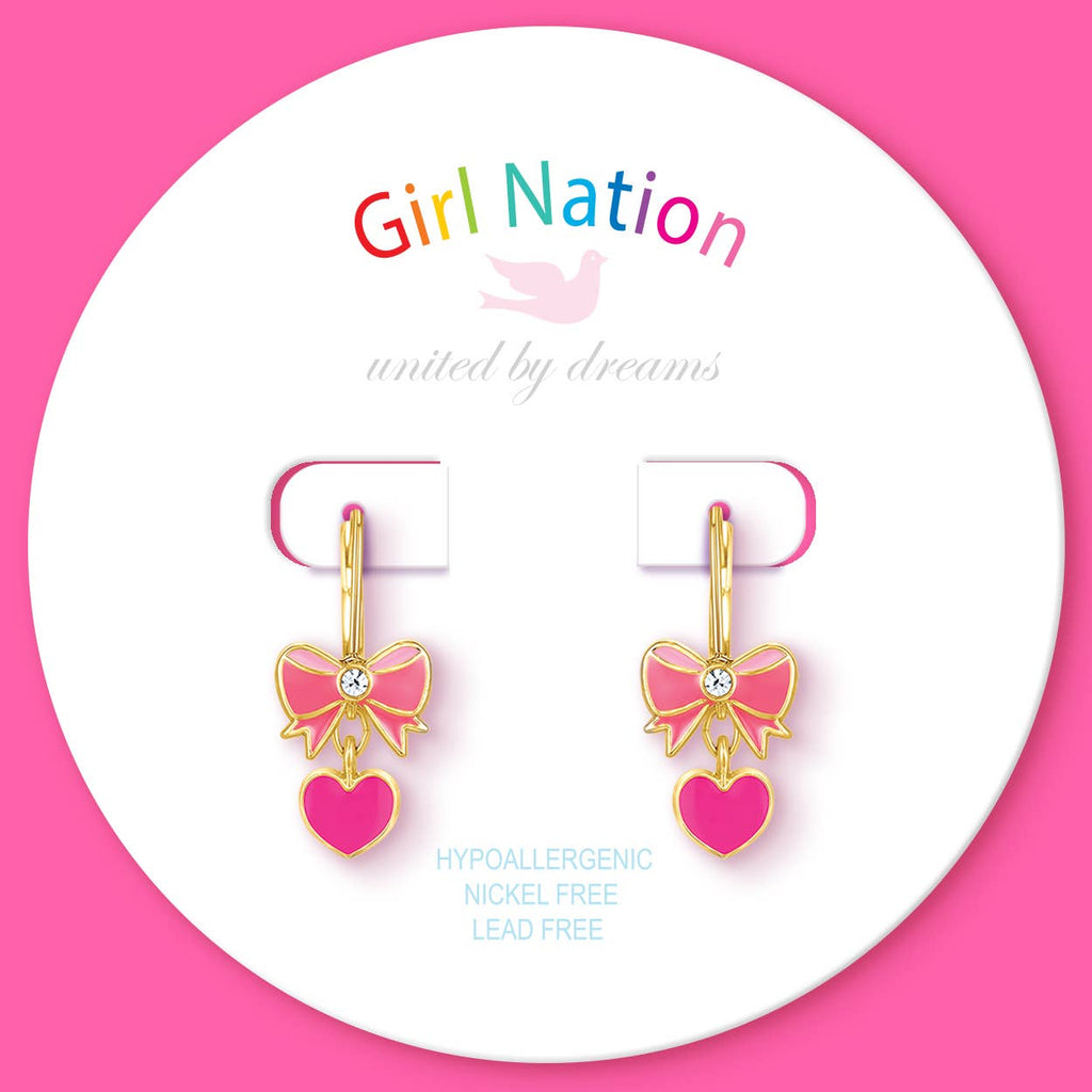 Pink Heart & Bow Leverback Dangle Earrings for Kids