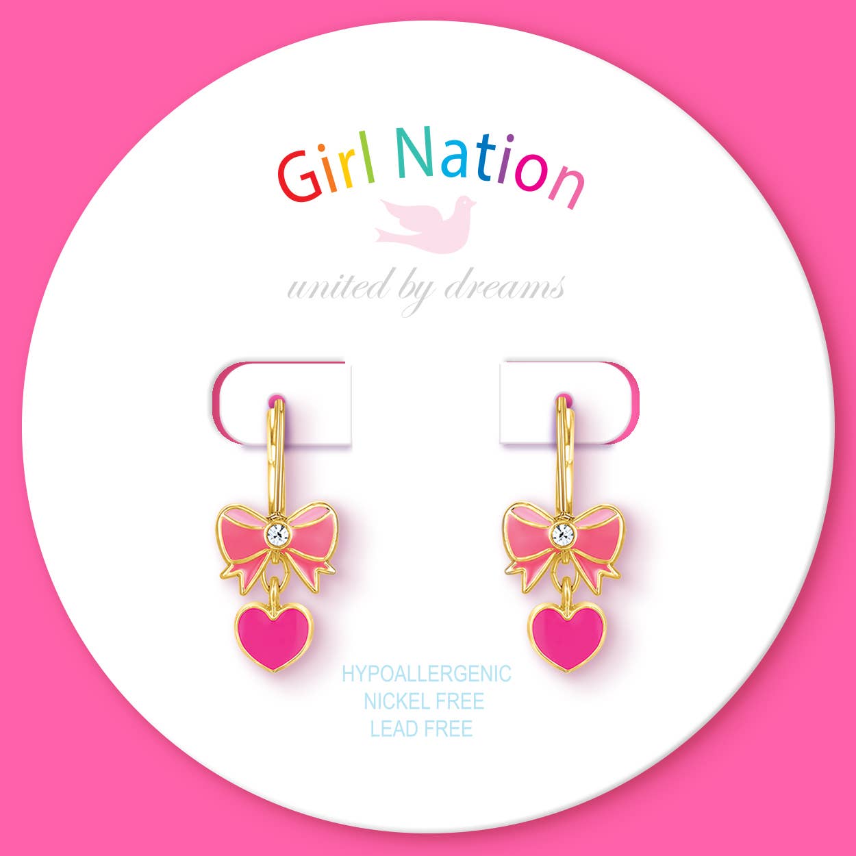 Pink Heart & Bow Leverback Dangle Earrings for Kids