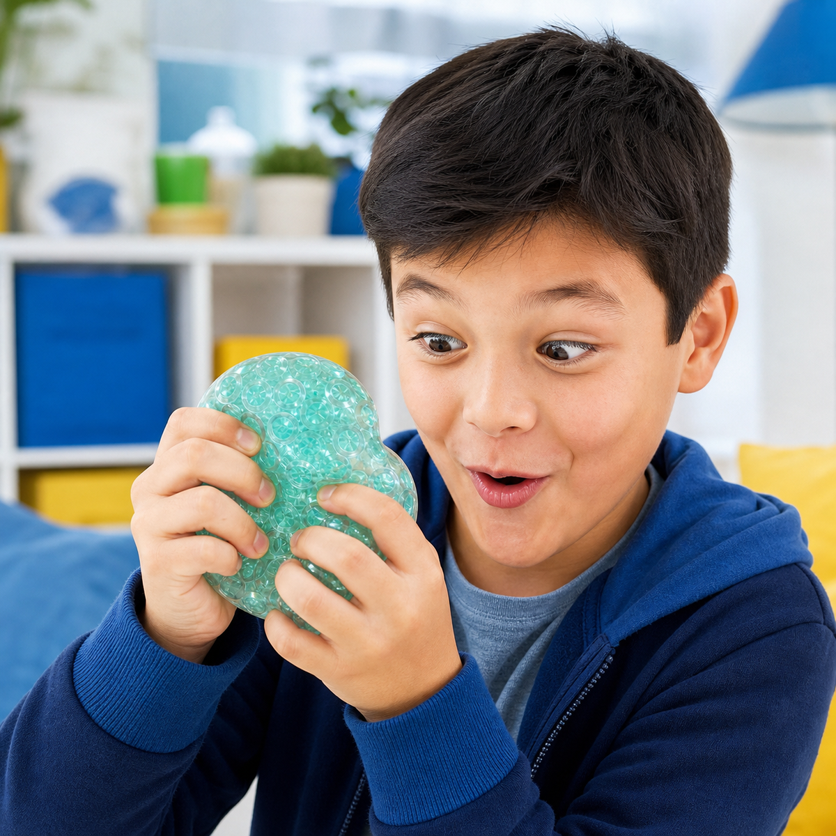 Sea glass gem crunch squishy stress ball held by a child, clear bubble texture
