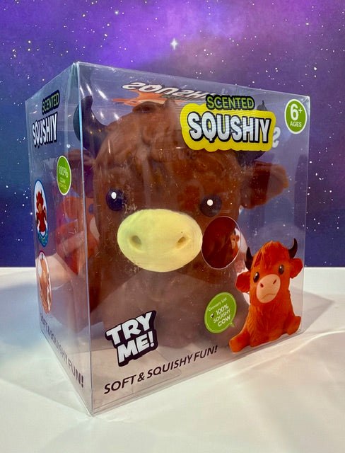 Jumbo slow-rising scented squishy toy in clear box, brown/orange animal with light nose