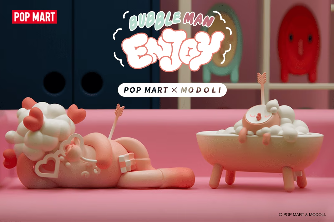Bubble Man collectible blind box figure set with toy characters in pastel bath scene