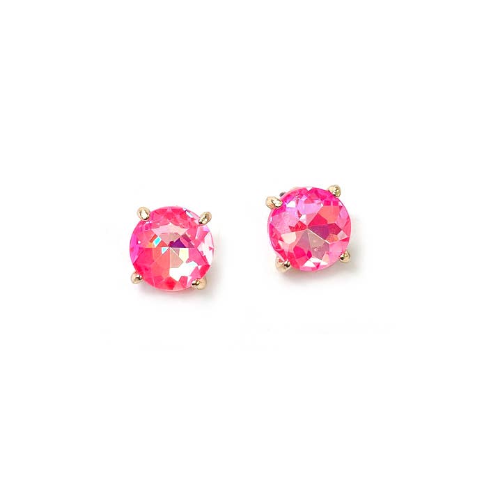 Sterling silver post round glass stud earrings with bright pink gemstone-style center