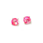 Sterling silver post round glass stud earrings with bright pink gemstone-style center