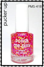 Glitter nail polish bottle with pink and gold sparkles, labeled Polish Me Silly