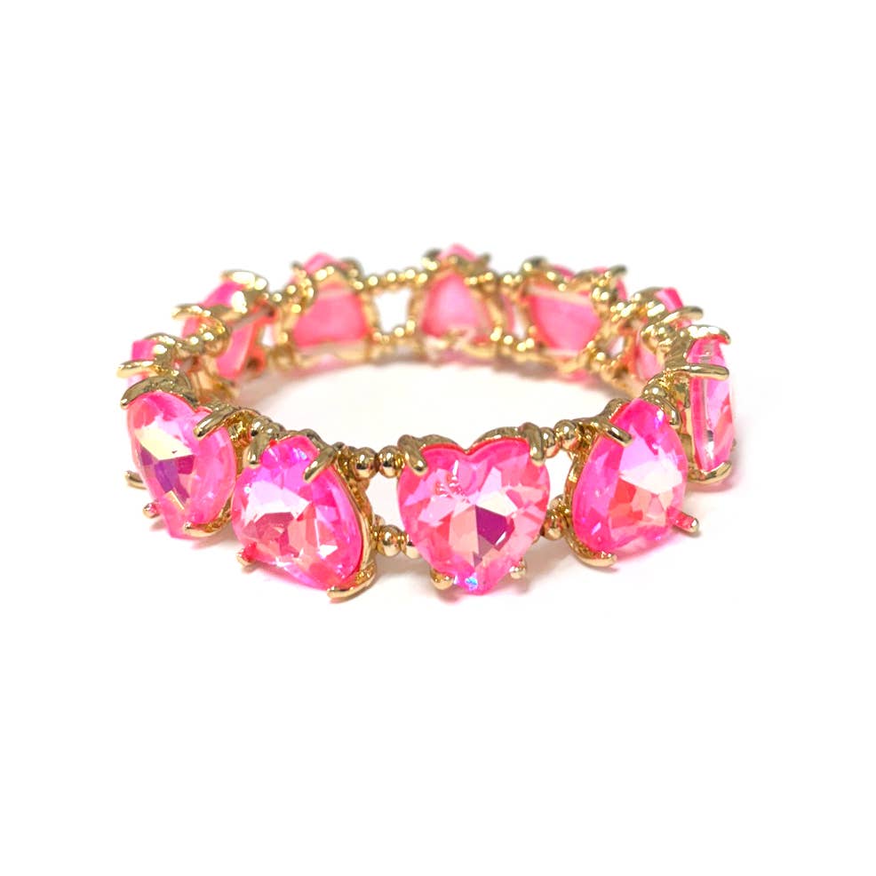 Neon fuchsia crystal bead stretch bracelet with heart-shaped stones and gold-tone links