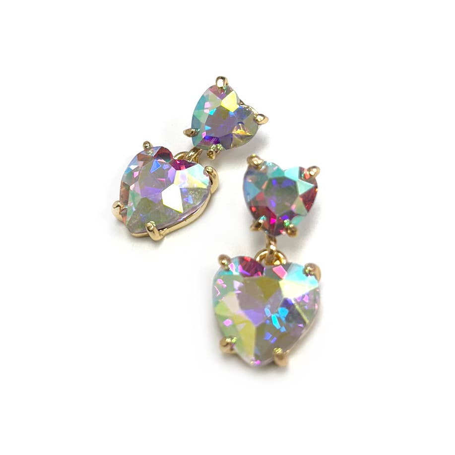Double Glass Crystal Bead Heart Dangle Earrings