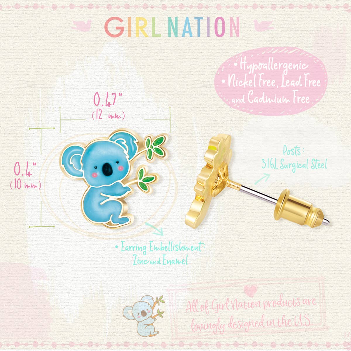 Cutie Koala Stud Earrings for Kids