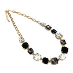 Cushion cut crystal linked chain necklace with black and clear cushion stones