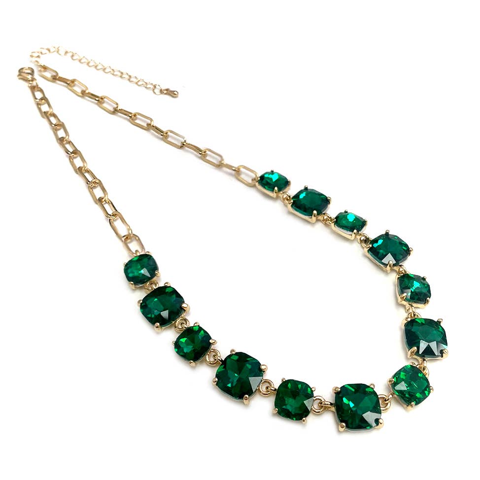 Cushion Cut Square Glass Crystal Linked Chain Necklace
