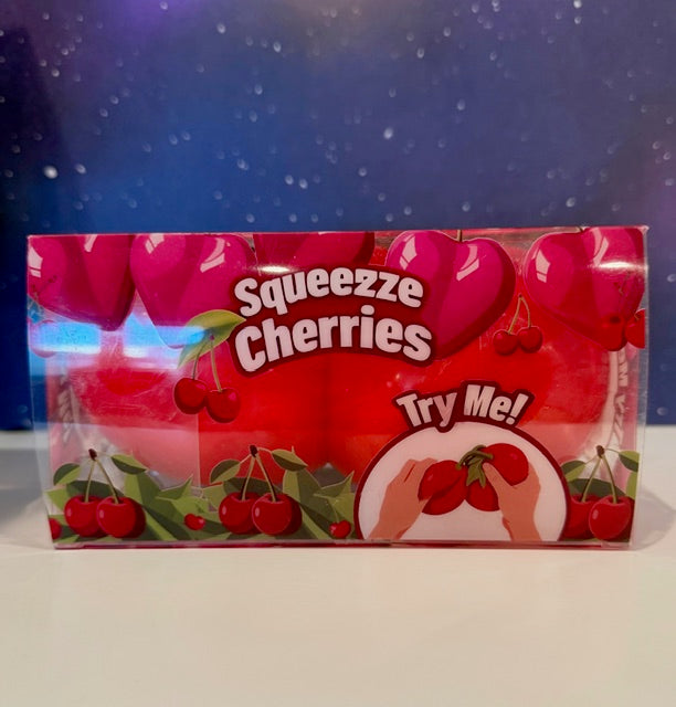 Jumbo slow-rising cherry scented squishy in retail box with Squeeze Cherries label