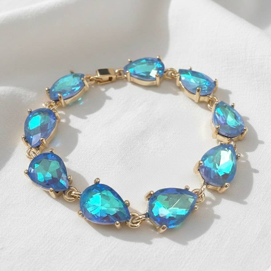 Solid Color Glass Crystal Teardrop Linked Chain Bracelet