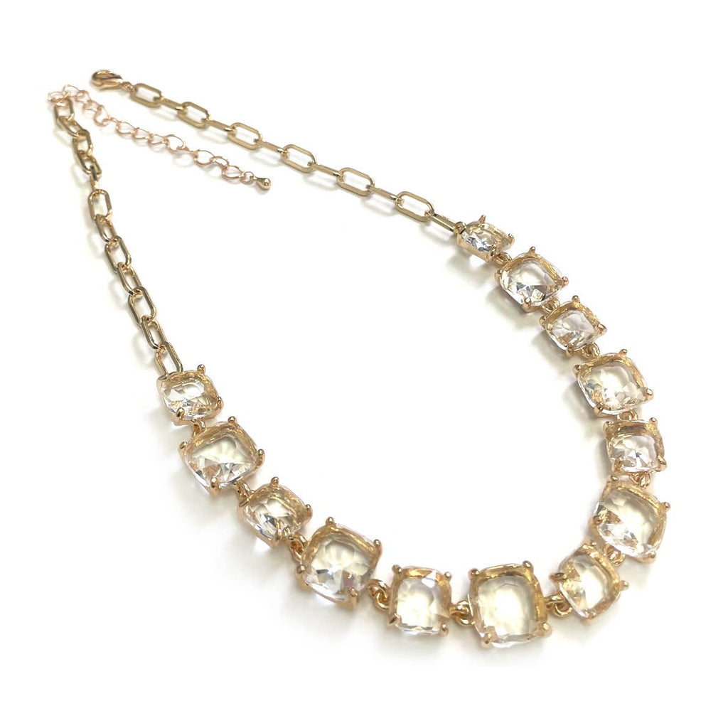 Cushion Cut Square Glass Crystal Linked Chain Necklace